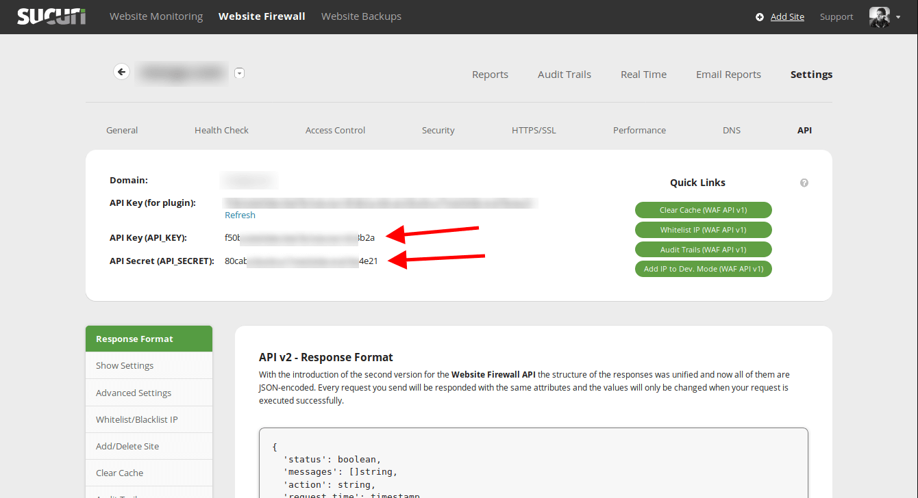 Update “API_KEY” and “API_SECRET” on the Sucuri Dashboard