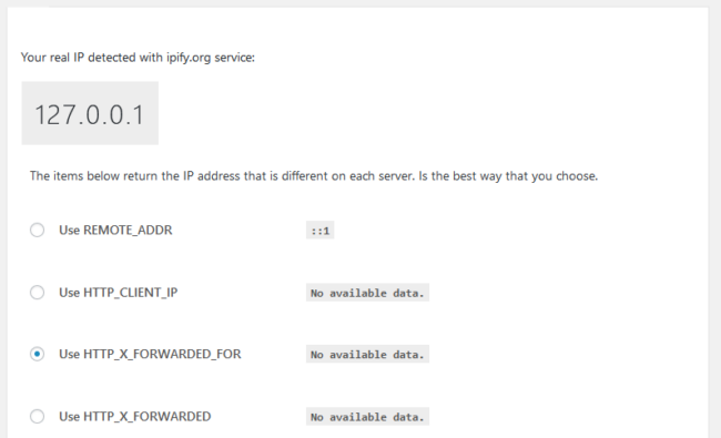 Setting page of the plugin, while using the X_Forwarded_For header to identify the IP