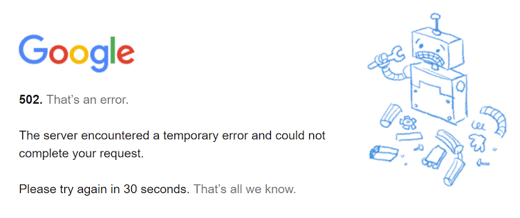 Example of a 502 bad gateway error in Google Chrome.