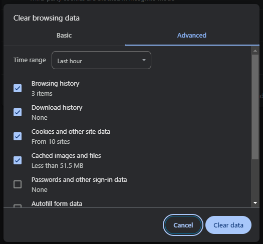 Clear browsing data in Chrome.