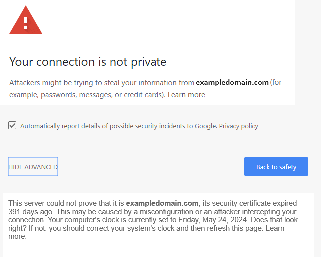 Advanced details for SSL certificate error